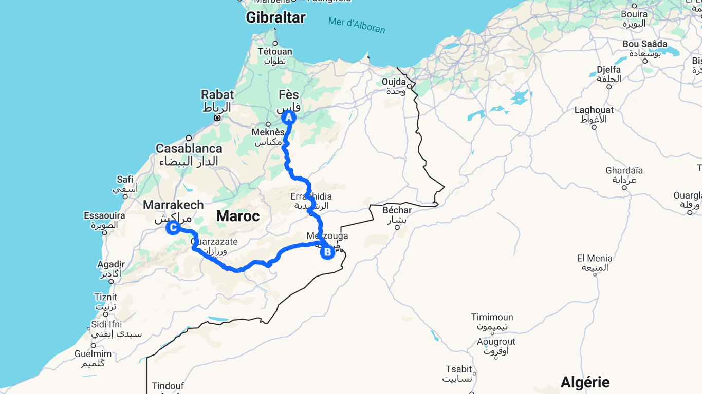 3 days fes to marrakech desert tour map 